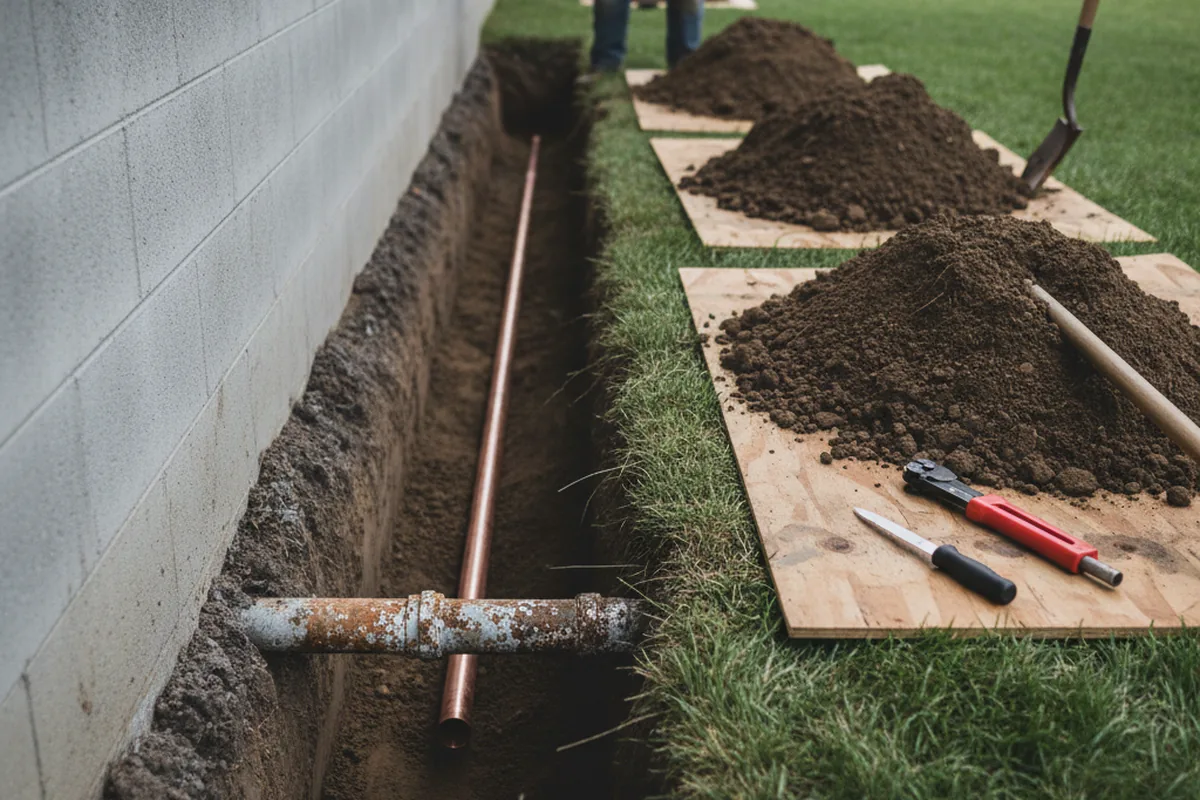 Excavated water line trench during Water Softener Installation in Bethany Beach